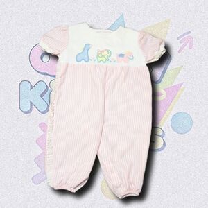 Vtg Doe Spun Pastel Animal Bubble Romper | Pink Stripe Lace Ruffle Infant 3-6M